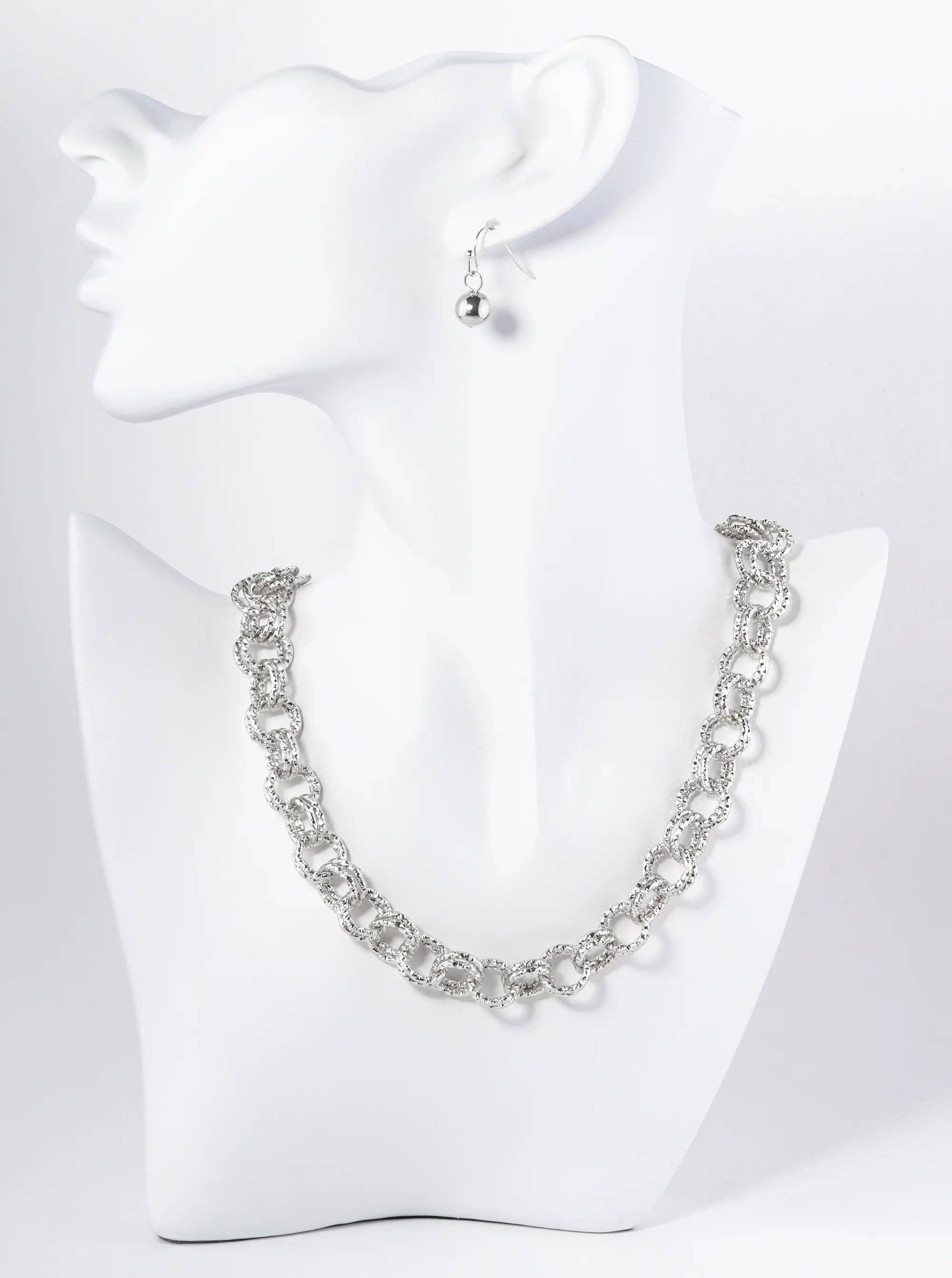 Silver Textured Metal Chino Link Chain Necklace & Earrings Set for wholesale on Faire1