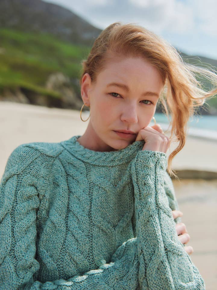 Listowel Ladies Aran Cabled Sweater - Mint for wholesale by Aran Woollen Mills