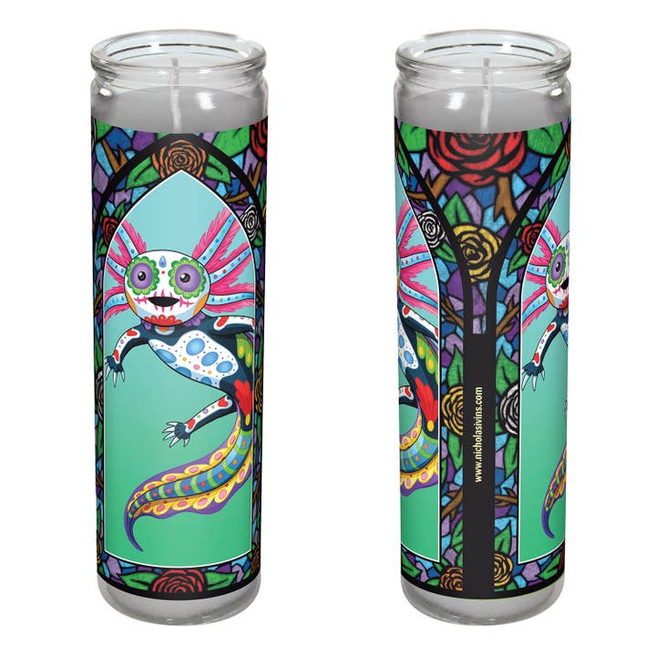 Day of the Dead Axolotl Candle - “Lolo” for wholesale by Nicholas Ivins Art & Illustration