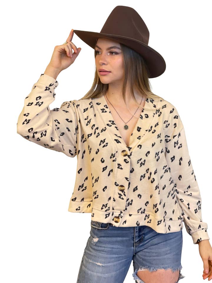 Ariel Leopard Print Button Up Cropped Sweater for wholesale by Somewhere West