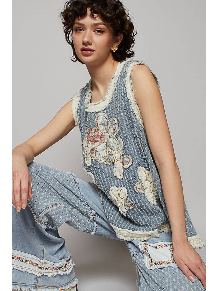 Pol Clothing - Wholesale Blouse - Women's - Round neck sleeveless denim flower patch top