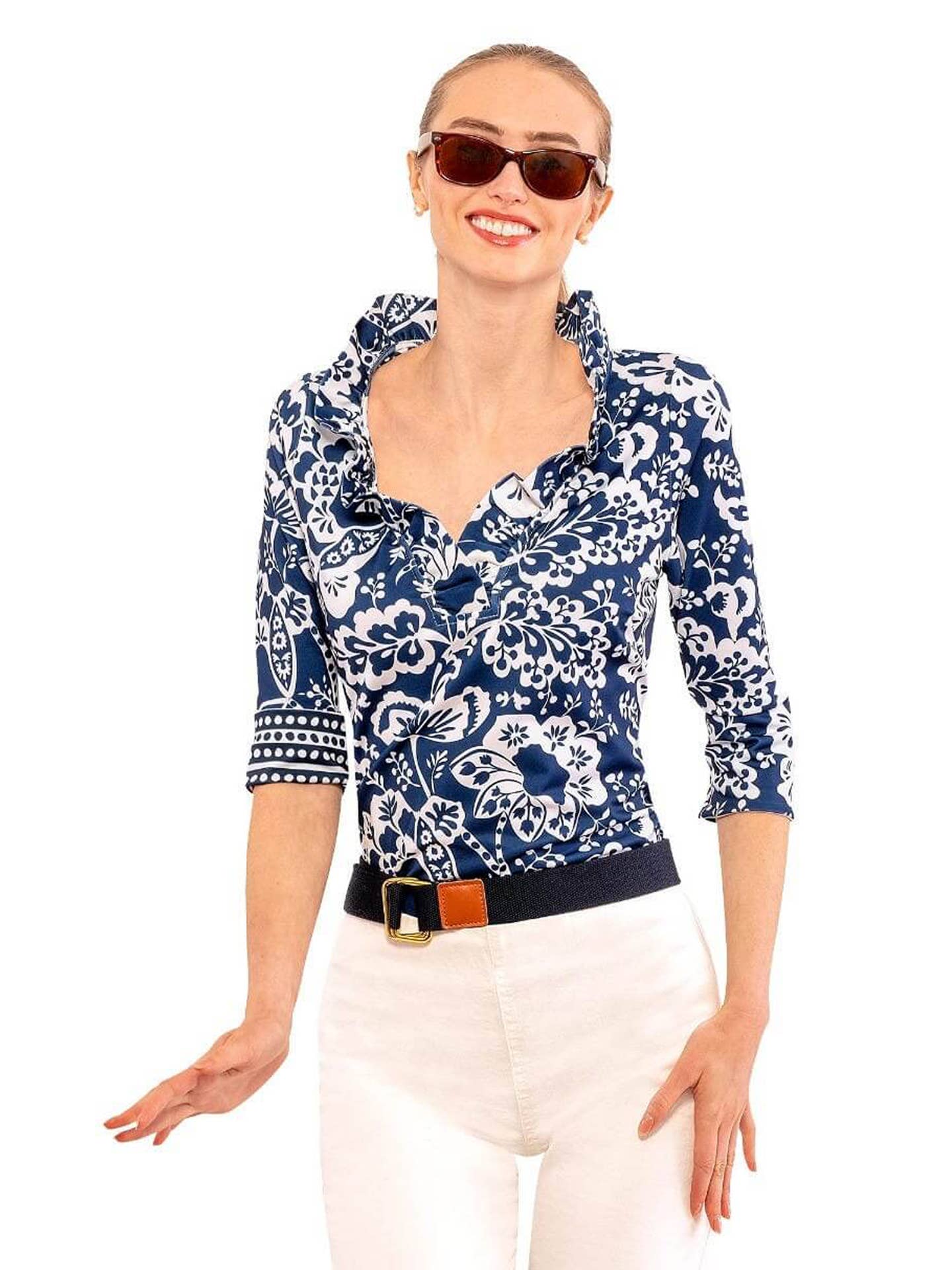 Gretchen Scott LLC - Wholesale Blouse - Women's - 3/4 Sleeve Ruffneck Top - Flora