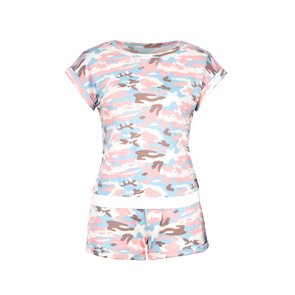 Suzie Q USA - Wholesale Lounge Set - Women's - Camouflage Casual Short Sleeve Top and Shorts Suit9