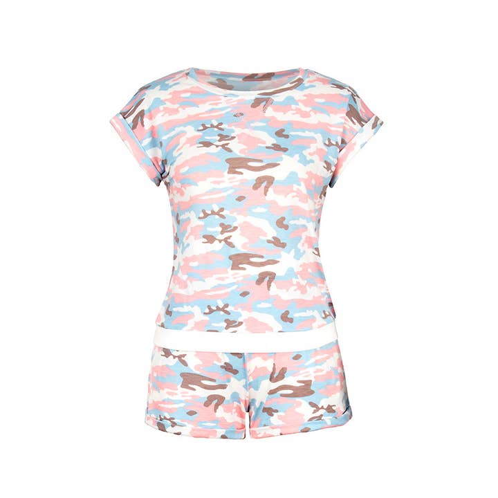 Suzie Q USA - Wholesale Lounge Set - Women's - Camouflage Casual Short Sleeve Top and Shorts Suit9