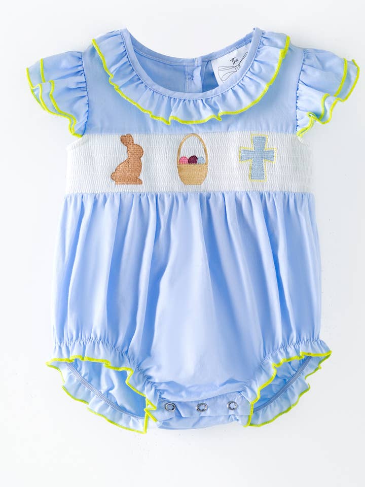 Baby Girl Blue Easter Smocked Romper for wholesale by The Hair Bow Company