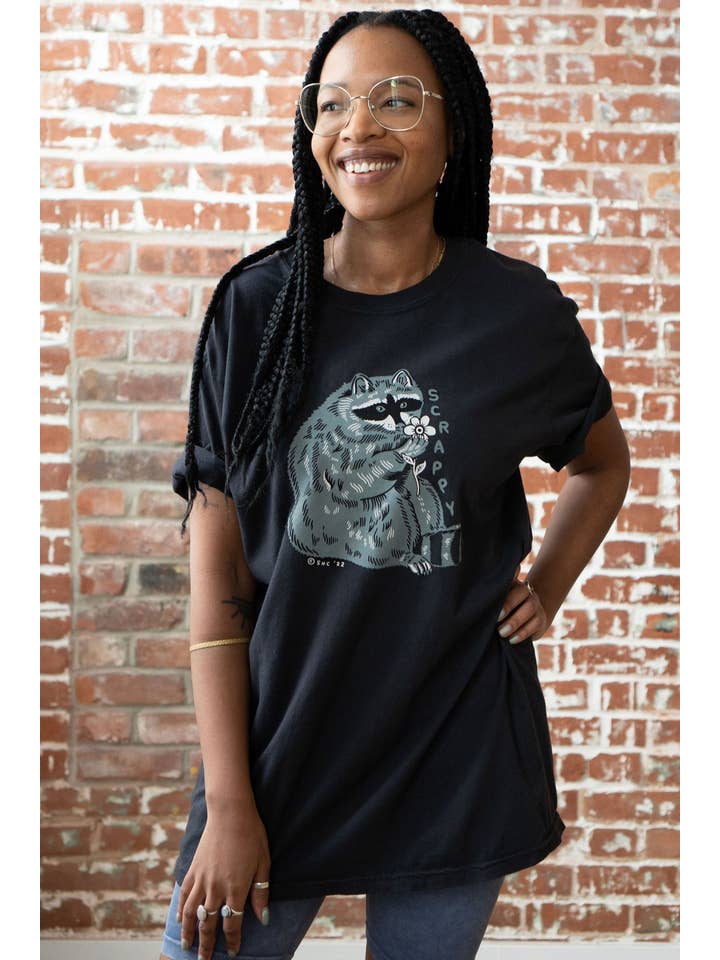 Black Scrappy Raccoon T-Shirt for wholesale on Faire