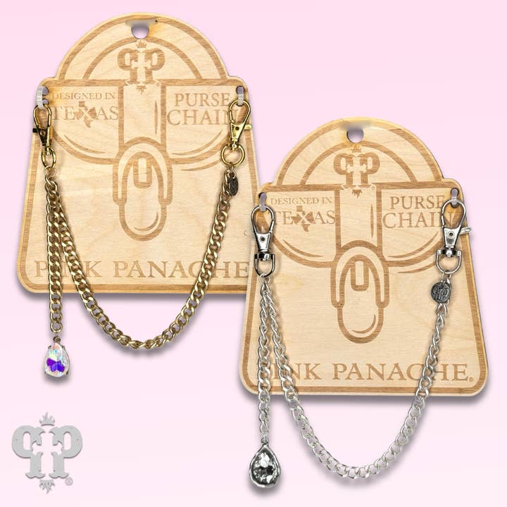 Chaîne de sac à maillons curb avec breloque en strass en forme de goutte pour la vente par Pink Panache Brands