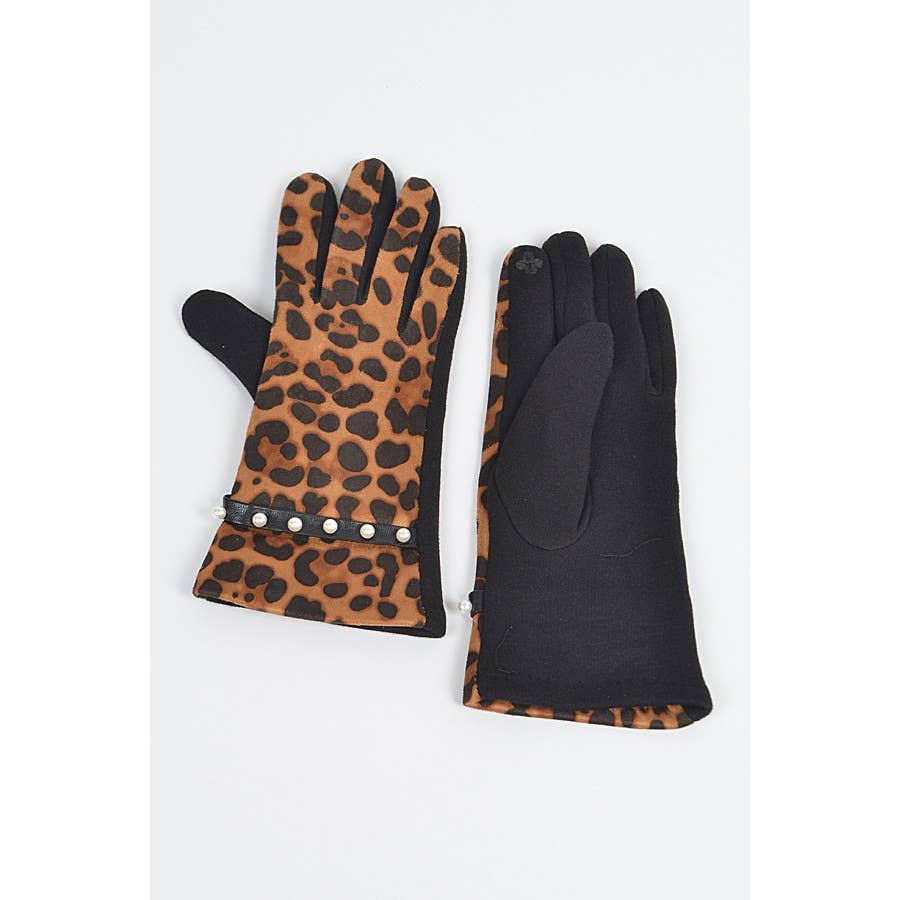 LEOPARD PRINT PEARL ACCENT SMART GLOVES for wholesale on Faire2