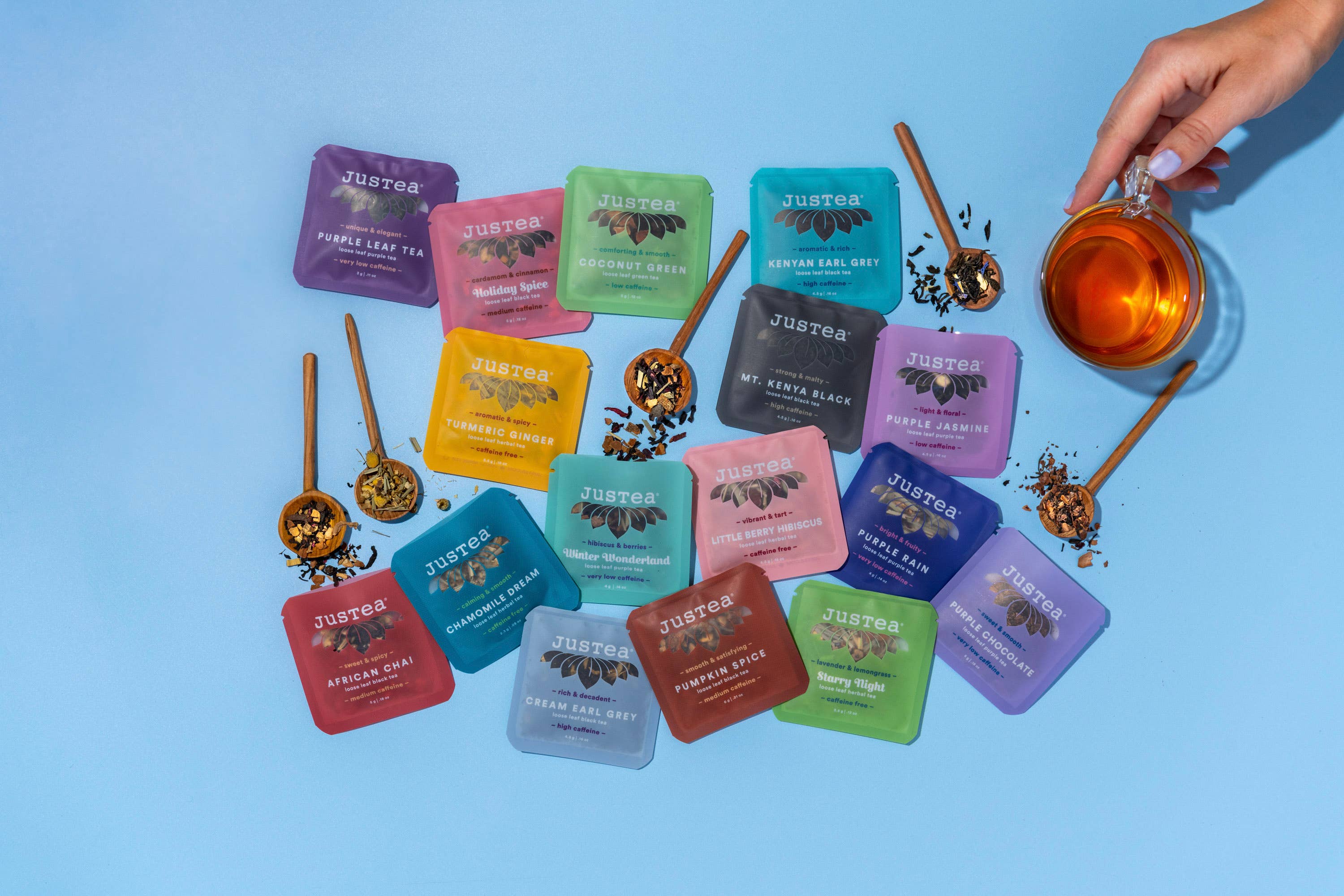 JusTea (No Import Fees to USA) - Wholesale Loose Tea - TEA SAMPLER Variety No. 1 = 5 Tea Blends in 25 Mini Pouches7