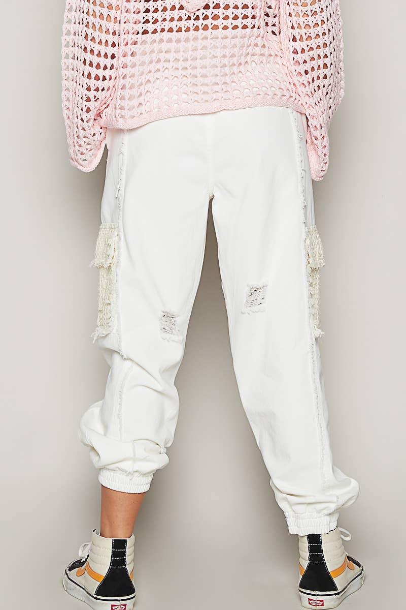 Pol Clothing - Wholesale Jeans - Women's - Tie waistband contrast crochet cargo pockets denim joggers30