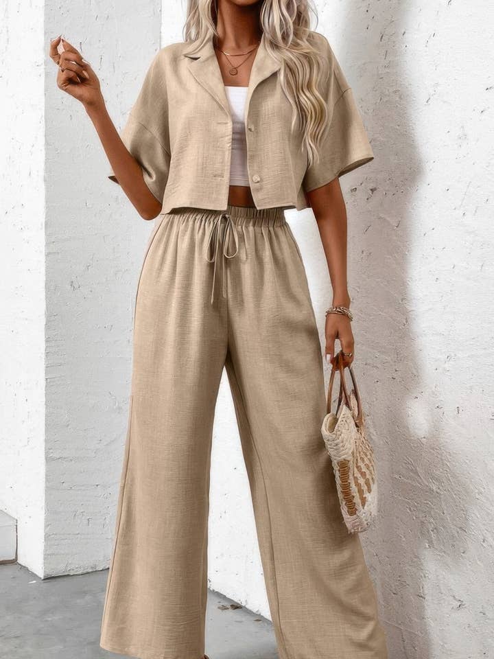 Drop Shoulder Tie Front Wide Leg Pant Set for wholesale by CC Wholesale Clothing