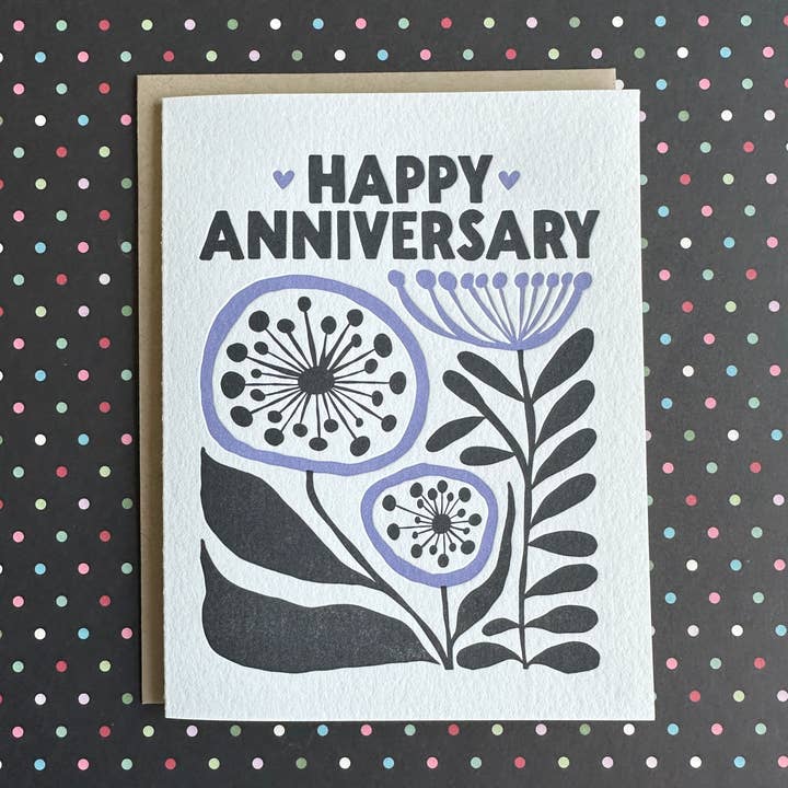 Anniversary Purple Flower - letterpress card for wholesale by Lucky Bee Press