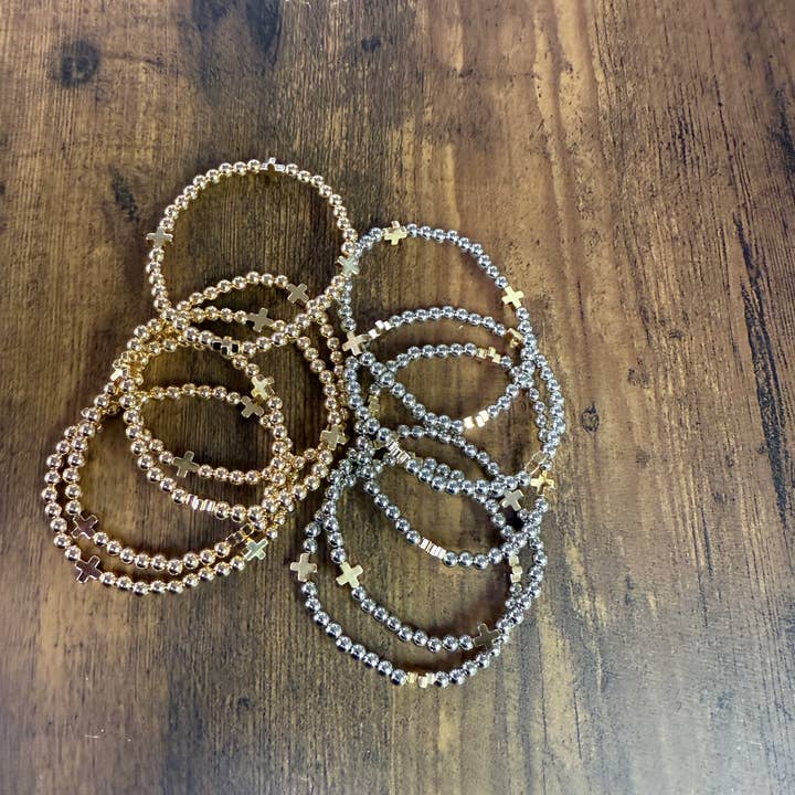 Gold or Silver Beaded Bracelet w/ Cross Accent SET of 5 for wholesale by Paco Designs