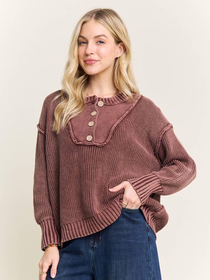 CESW4194-BUTTON FRONT HENLEY KNIT SWEATER for wholesale by ADORA LA