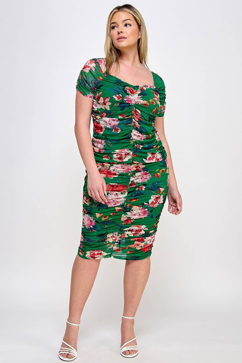 Haute Fox Plus Size & Contemporary - Wholesale Blouse - Women's - Plus Size Mesh Floral Print Ruched Top - WG18420-T6