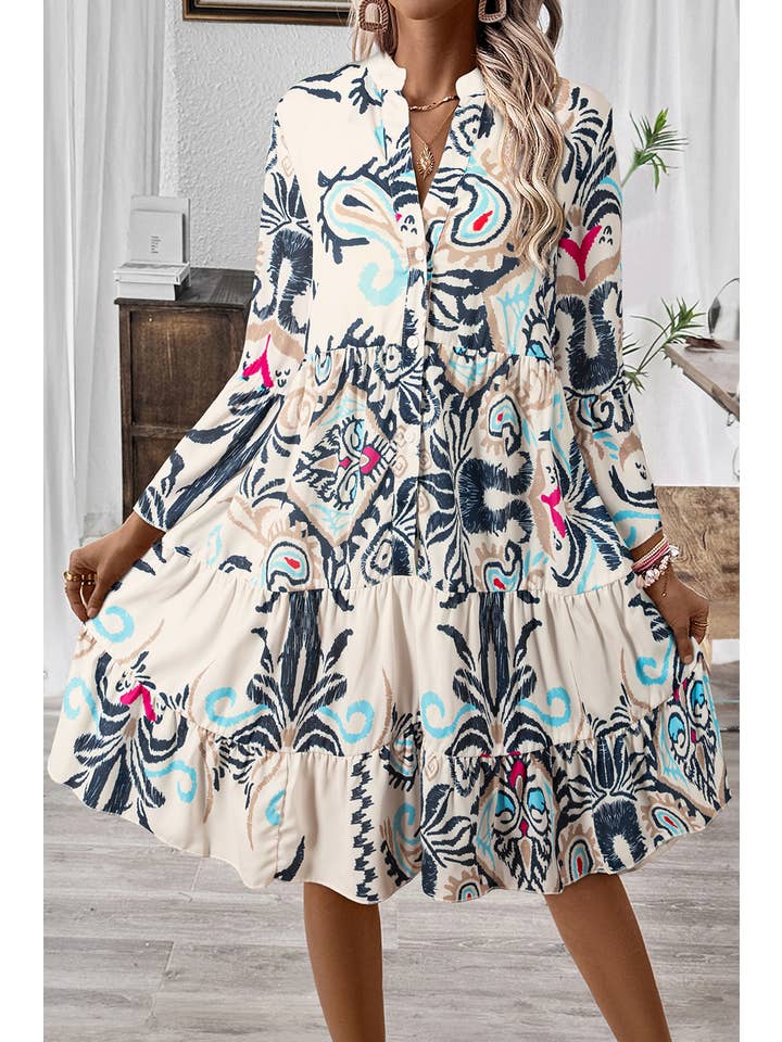 White Tribal Bracelet Sleeve Buttoned Mini Dress for wholesale on Faire