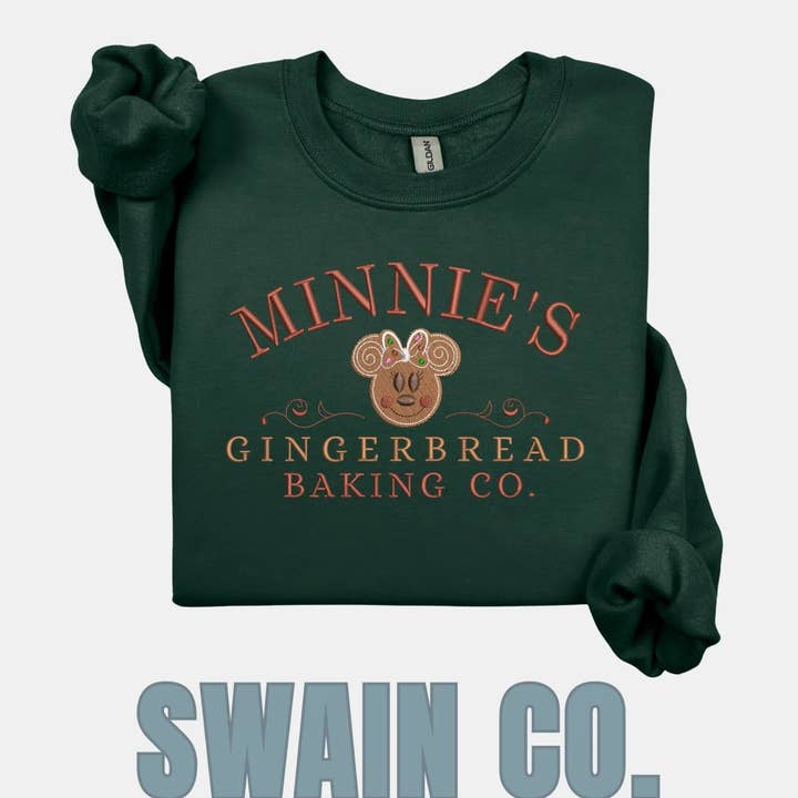 Minnie’s Gingerbread Baking Co. Embroidered Christmas Sweatshirt | Disney Themed Holiday Crewneck | Cozy Gingerbread Sweatshirt | Christmas Gift for Her for wholesale by Swain Co. Embroidery & Press