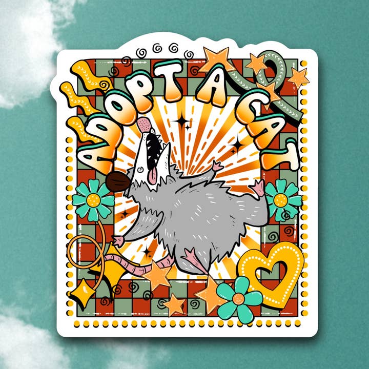 Adoptera en katt, humoristisk dramatisk possum-klistermärke, journalplan för wholesale av Sage and Virgo