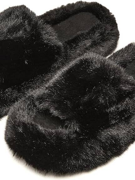 Open Toe Fuzzy Slippers - Black for wholesale by Funky Junque