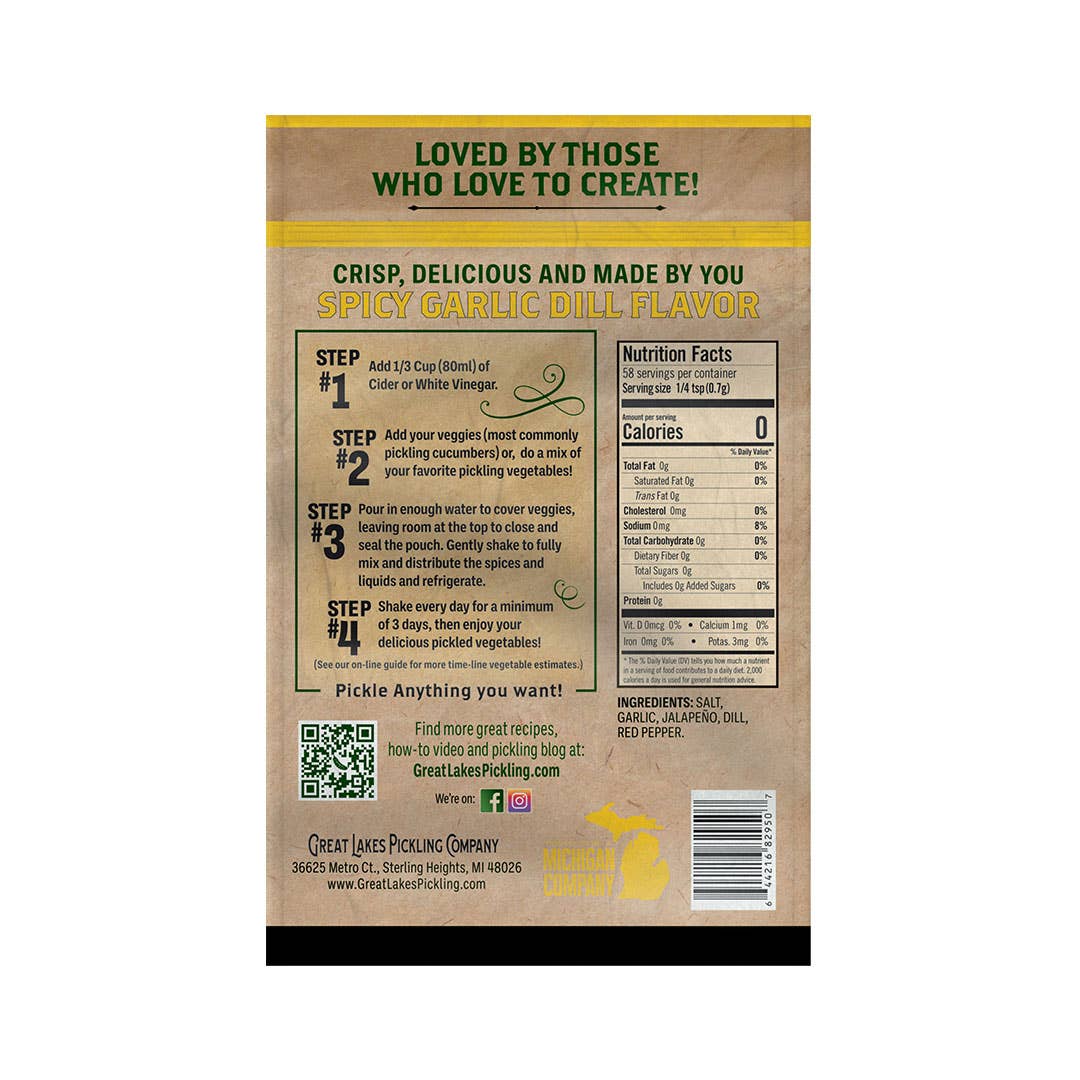Great Lakes Pickling Company LLC - Wholesale Pickled Vegetables - Spicy Garlic Dill Easy-to-Make Pickling Pouch1