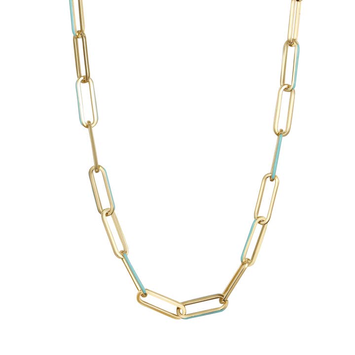 Chaîne émaillée turquoise en acier chirurgical plaqué or pour la vente par Dlux Jewels