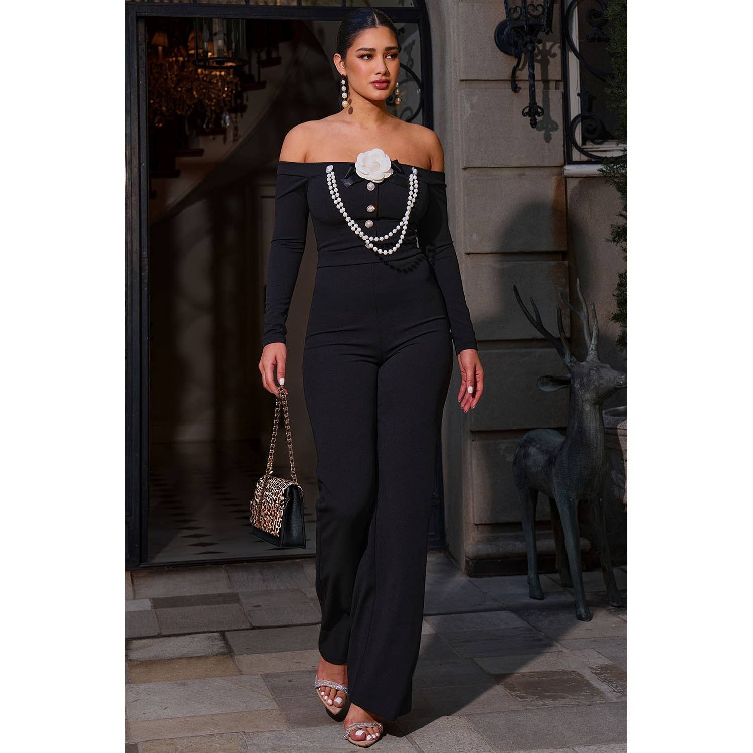 BLACK Off The Shoulder Contrast Trim Jumpsuit for wholesale on Faire0
