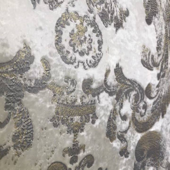Fancy Styles Fabric – wholesale Fabric – NEW! Queen Renee Antique Inspired Burnout Velvet Damask Fabric - White W/ Silver & Gray