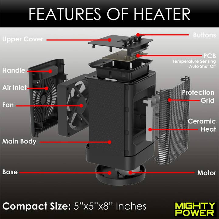 ShopBobbys - Wholesale Electric Fan - Mighty Power Personal Oscillating Space Ceramic Heater with Fan, 950 Watts, Black, 8x5 Inches6