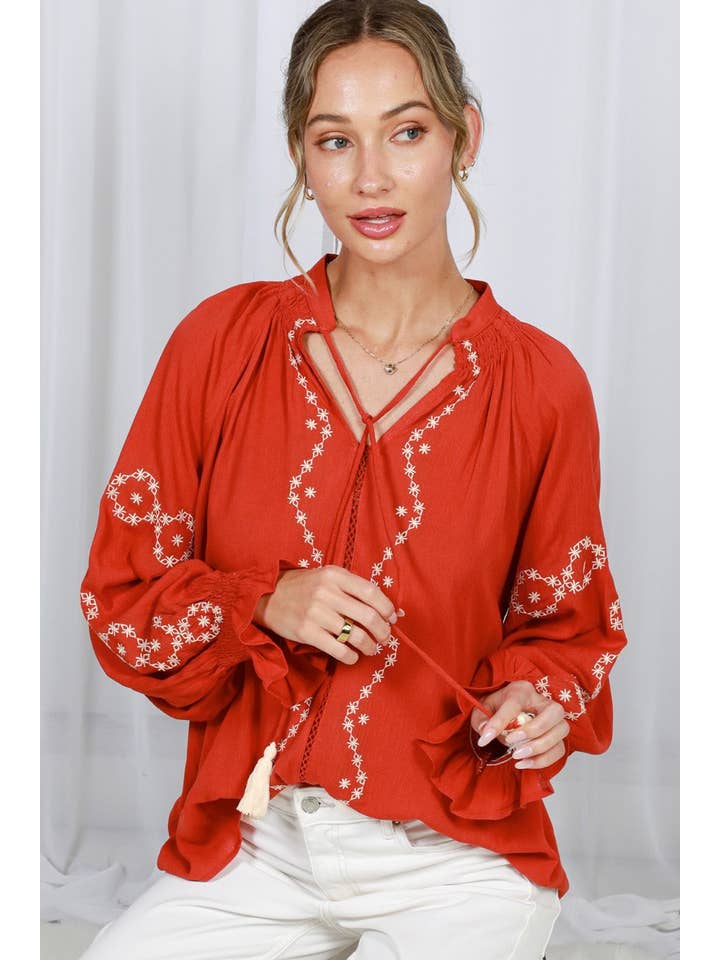 Vine & Love - Wholesale Blouse - Women's - Tie Neck Tassel Detail Floral Embroidered Blouse TopVT82493-6