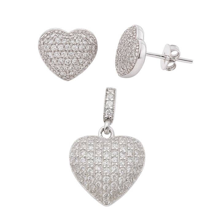 Sterling Silver CZ Pave Puffed Heart Pendant/Earrings Set for wholesale by Atlanta Jewelers Supply