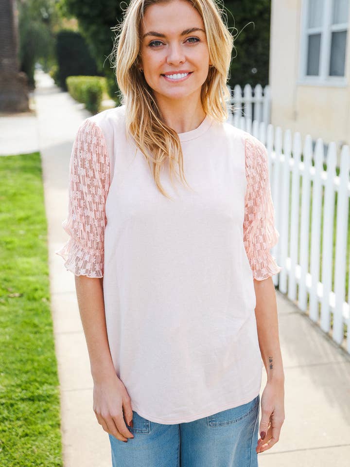 Adorable You Peach French Terry Lace Sleeve Top (Open Pack) for wholesale by Promenade
