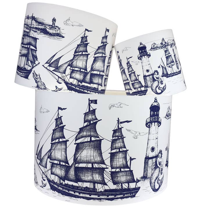 Marine Blue On White Maritime Lampshade for wholesale by Cream Cornwall