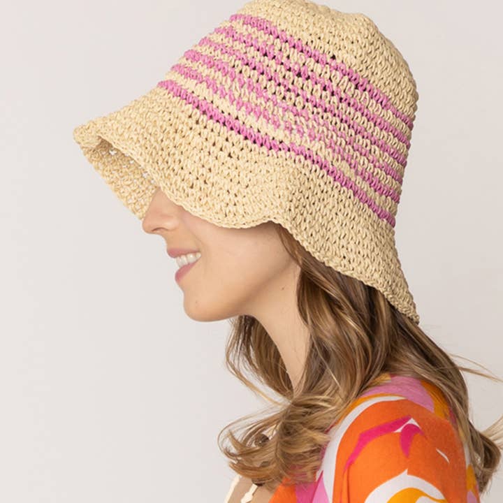 Fashion City - Wholesale Bucket Hat - Women's - Two Tone Stripe Straw Crochet Bucket Hat11
