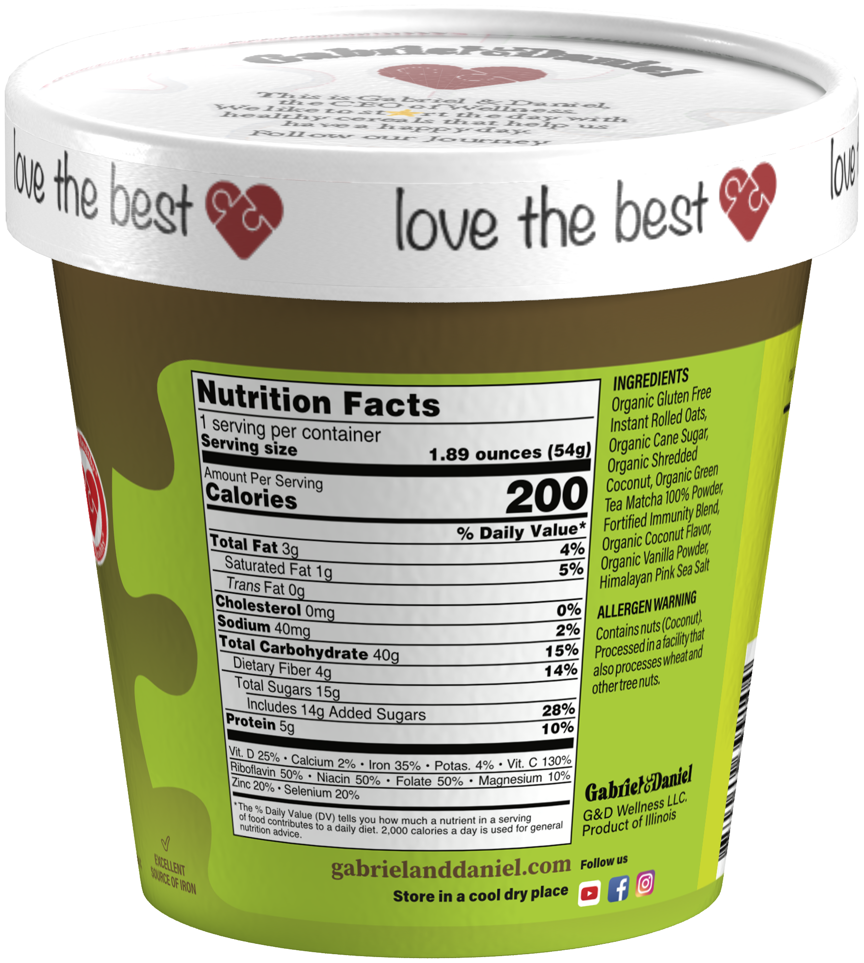 Gabriel & Daniel Wellness Oatmeals - Venta al por mayor Avena - Taza de Avena Instantánea Orgánica SS - Matcha y Coco - Paquete de 123