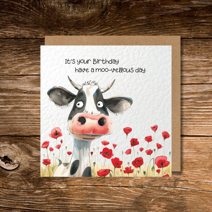 Daisy Cow in a Poppy Field Birthday Card for wholesale by Country Rose Norfolk