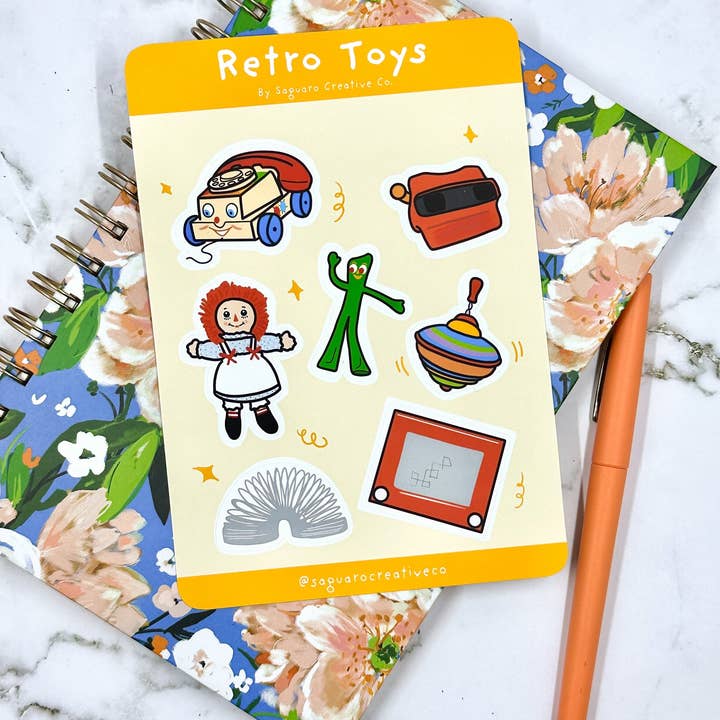 Hoja de pegatinas Retro Toys, hoja de pegatinas para planificador, Journa para venta al por mayor de Saguaro Creative Co.