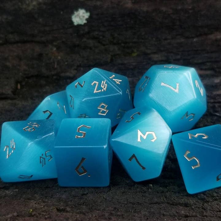 Aqua Blue Cat's Eye Stone Dice Set for wholesale by Misty Mountain Gaming