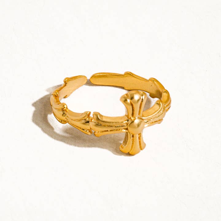 Ruth 18K Gold Vintage Adjustable Cross Ring for wholesale on Faire