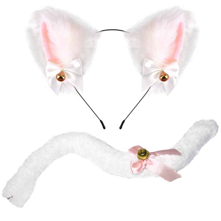 White Cat Ears and Tail Set - Cat Ears Headband with Tail for wholesale by Funcredible