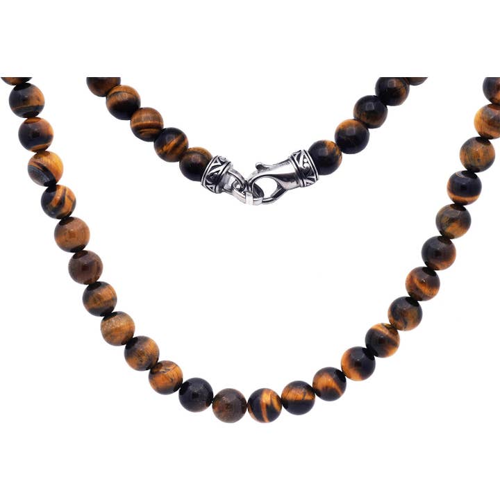 Collana da uomo in acciaio inossidabile con perline in occhio di tigre genuino da 8 mm per la vendita all'ingrosso da parte di Blackjack Mens Jewelry