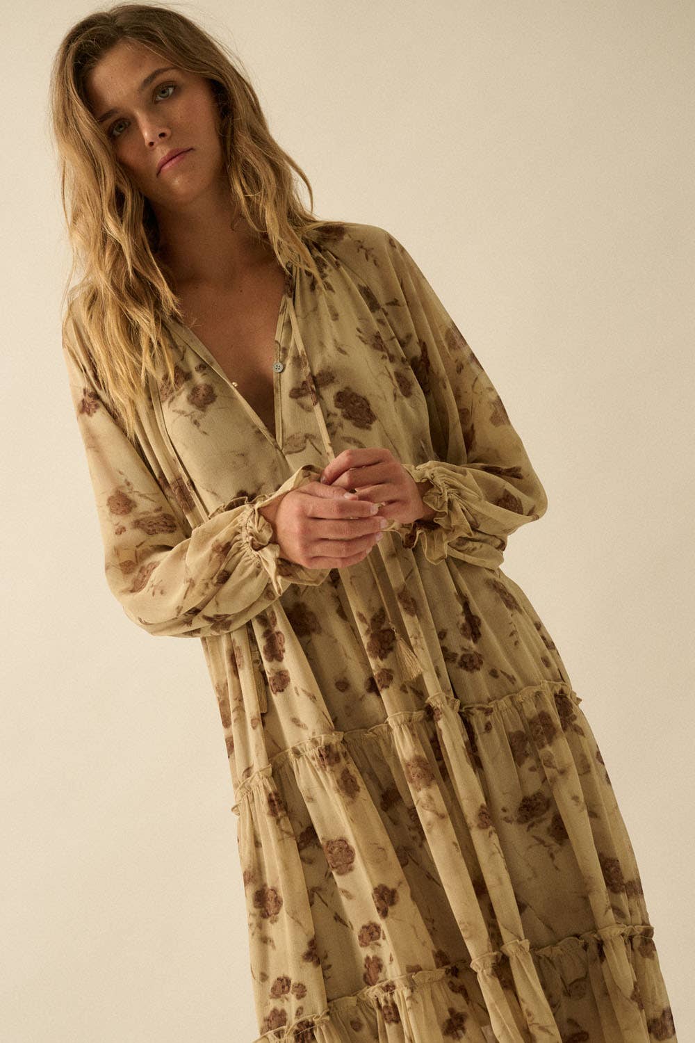 Sand Floral Chiffon Tiered Ruffle Midi Prairie Dress for wholesale on Faire6