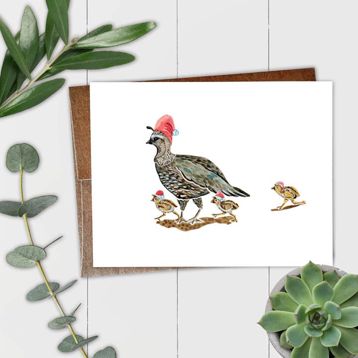 Quail Family in Christmas Hats Blank A2 Single Note Card for wholesale by Mary M Spencer Design