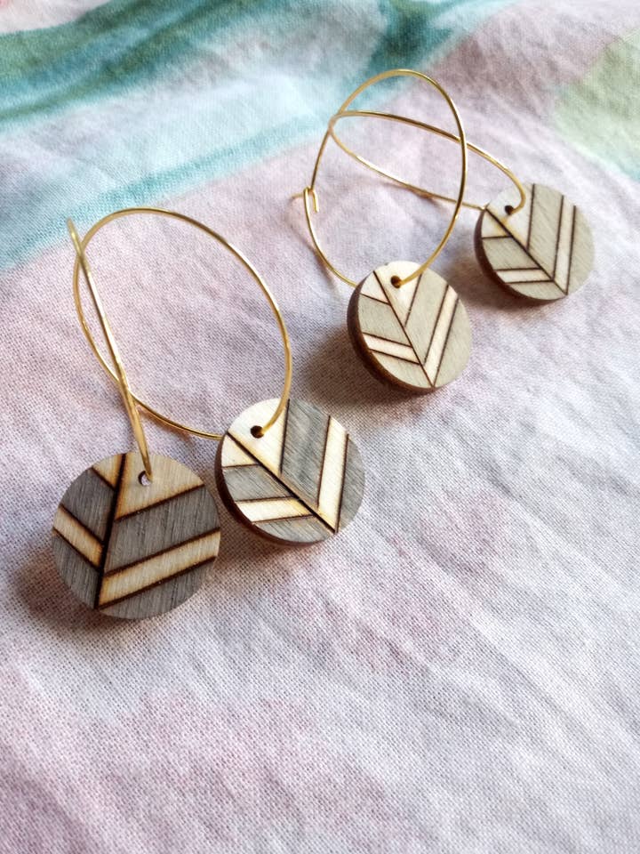 Wood Jewelry - Mini Medallion - Leaf Line Earring for wholesale by CGDesigns