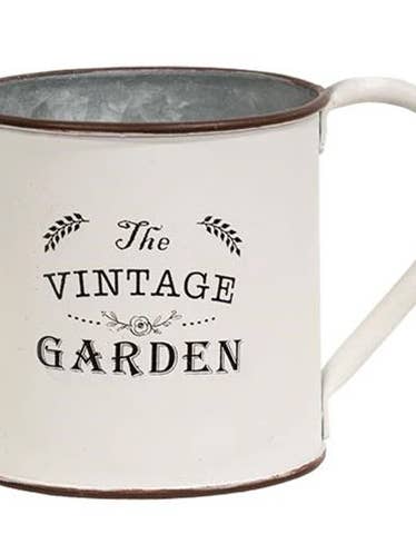 White Metal Vintage Garden Mug for wholesale by Vickie Jean's Creations Inc