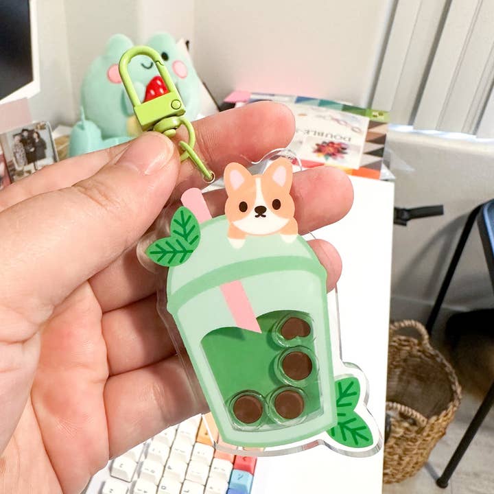 Matcha Boba Corgi Shaker sleutelhanger voor wholesale door Potato Desk