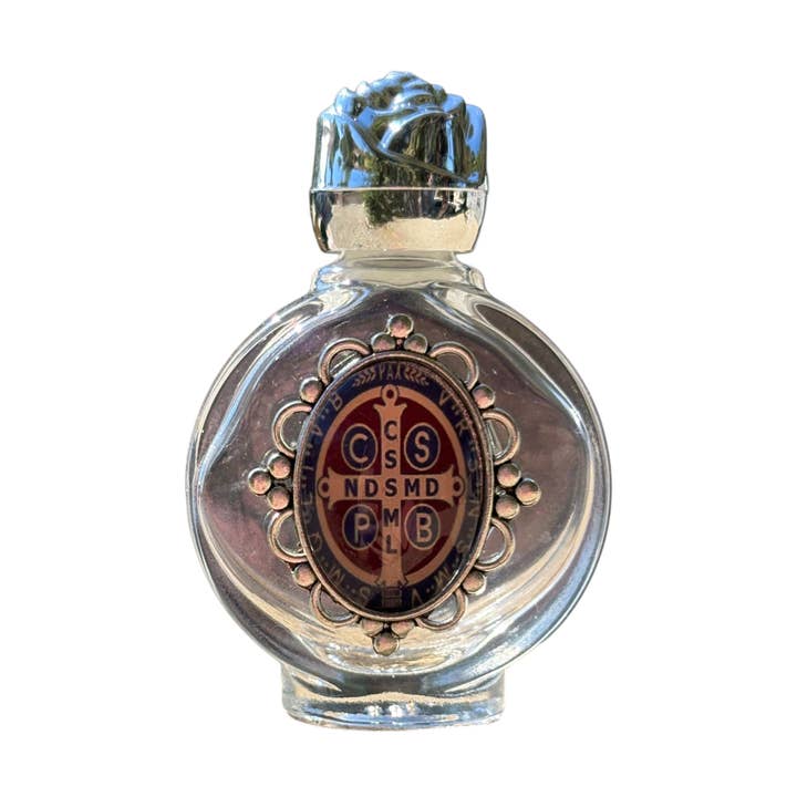 Holy Water Bottle - St. Benedict Encased w/ Rose Top 2.5" for wholesale by Oremus Mercy