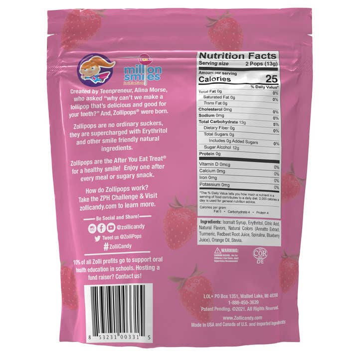 Zolli Candy, The Clean Teeth Candy - Wholesale Lollipop - Zollipops Zero Sugar Strawberry - 3.1oz Pouch3
