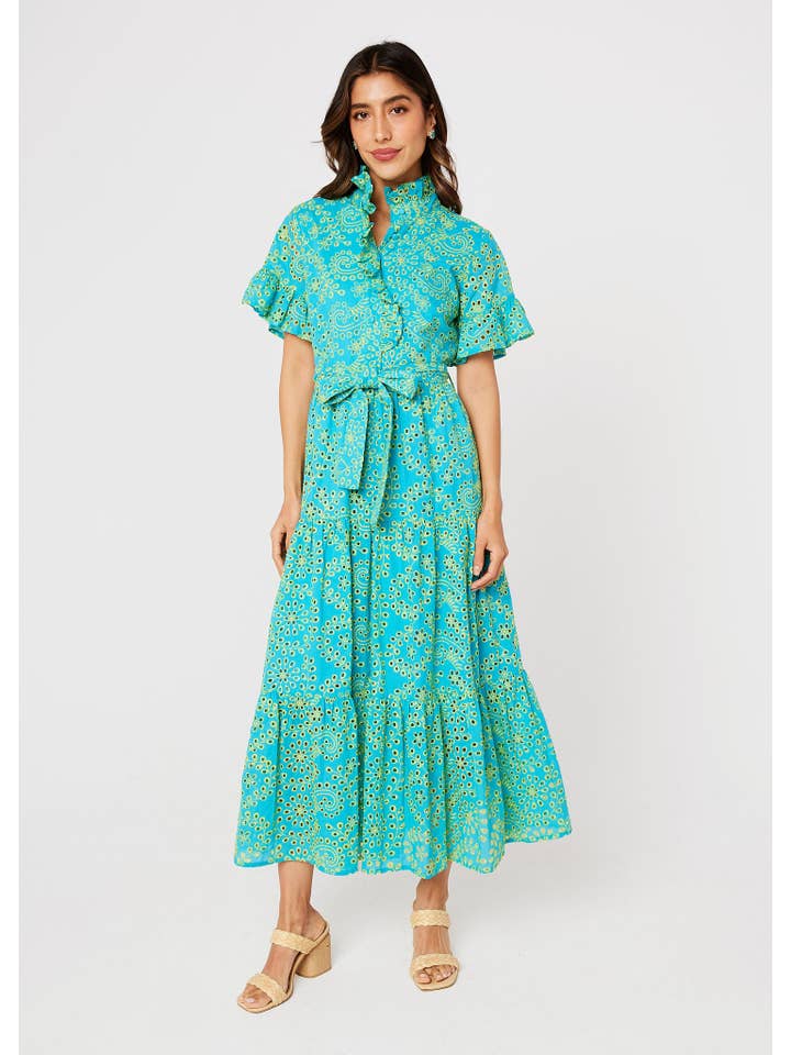 Sadie Maxi Dress Teal and Chartreuse Jasmine Eyelet for wholesale on Faire