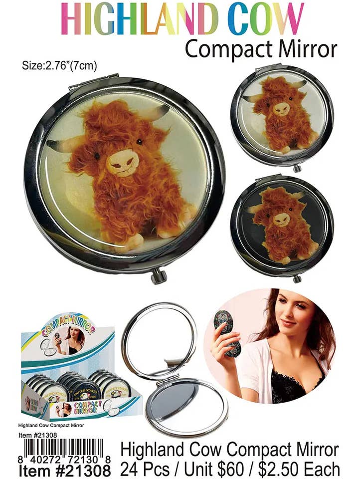 Espejo Compacto Vaca Highland. para venta al por mayor de Puka Creations