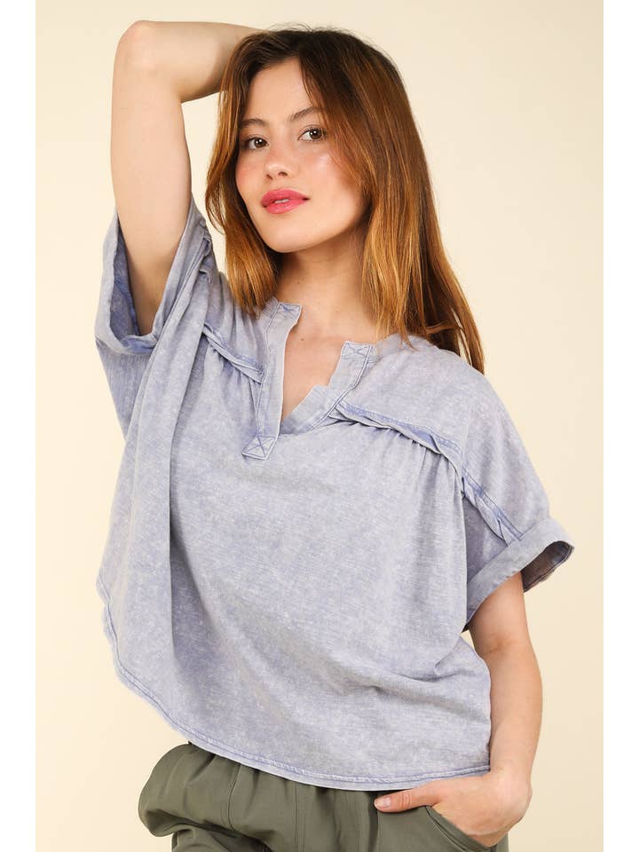 VERY J - Wholesale Knit Top - Women's - NT11769-Split Neck Washed Knit Top